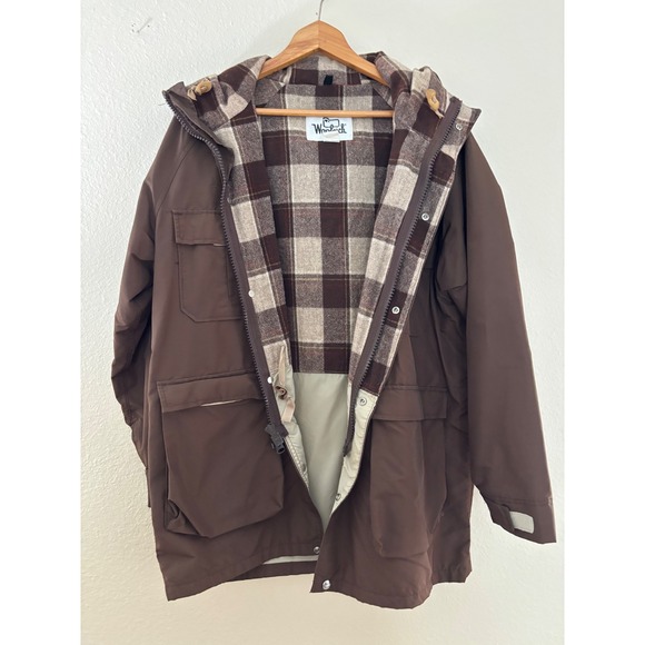 Woolrich Hooded Parka Jacket Brown Plaid Lined Size Large Outdoor A884